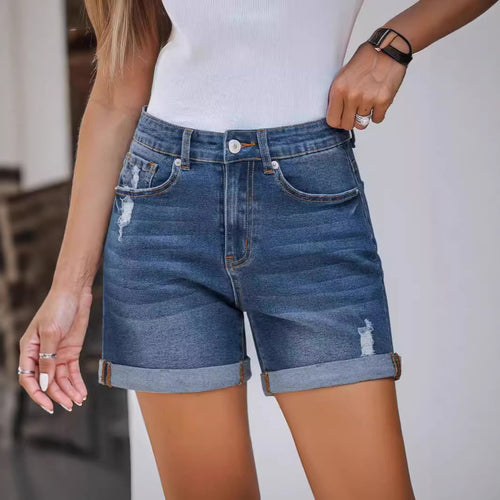 Dame Denim-shorts i avslappet stil med moteriktige rippe-detaler Skjora