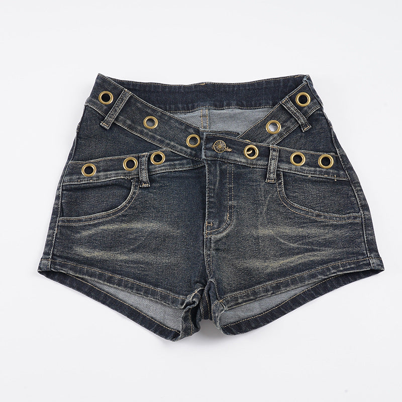 Dame Flared Jeans med dekorative knappedetaljer og trendy brukt finish Skjora