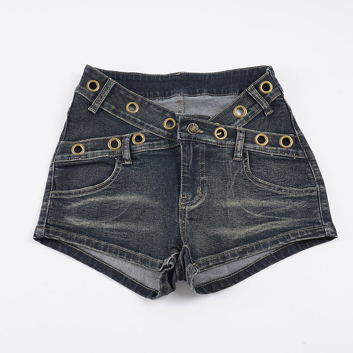 Dame Flared Jeans med dekorative knappedetaljer og trendy brukt finish Skjora