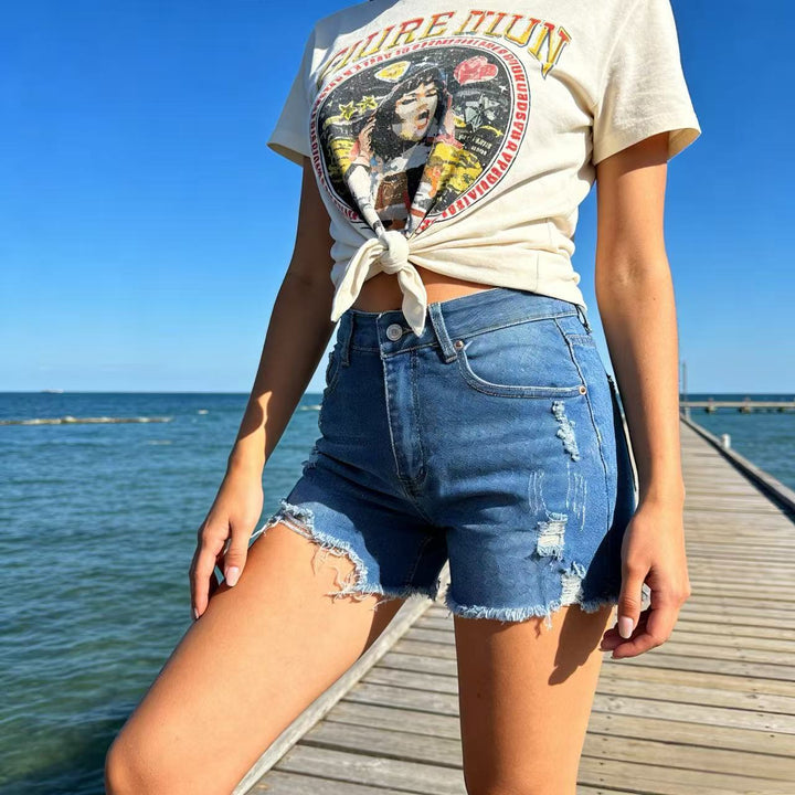 Dame Ødelagte Denim-Shorts med fransete kant og stilige rivedetaljer Skjora