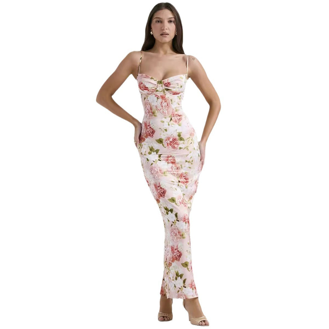 Kvinne Bodycon Maxi Kjole med Blomsterdetaljer og Justerbare Spaghettistropper