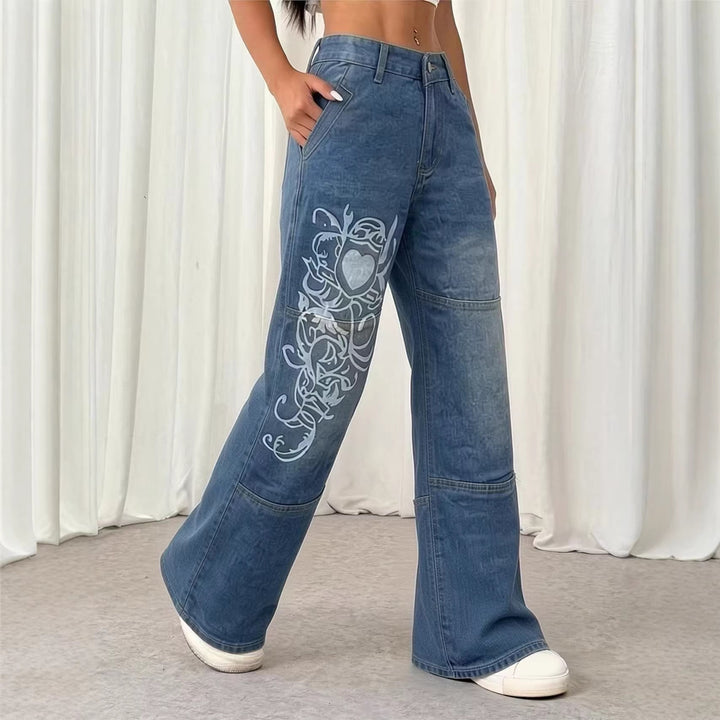 Dame vide jeans med kunstnerisk trykk Skjora