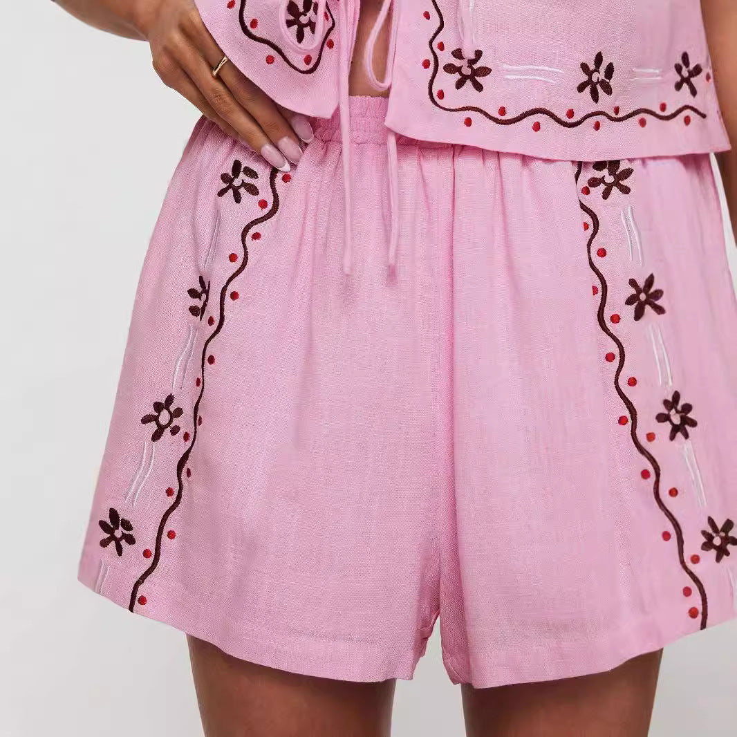 Dame luftig to-delt sett med floral broderi Skjora