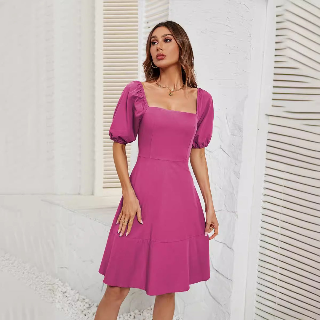 Damer Elegant Off-Shoulder Kjole med Voluminøse Puff Ermer og Asymmetrisk Snitt