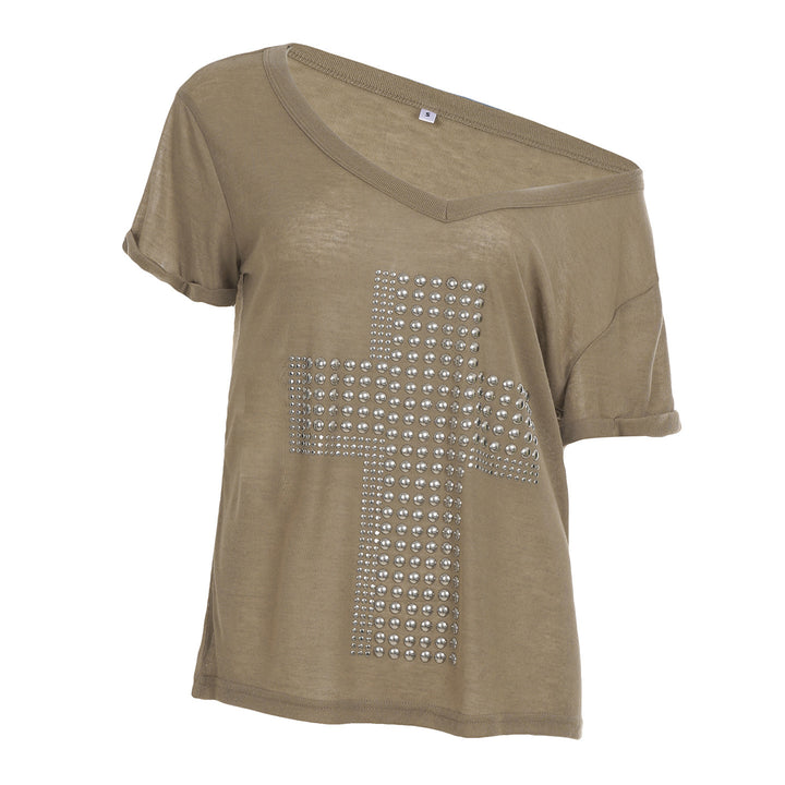 Dame stilren oversized T-skjorte med korsprint og glitrende detaljer Skjora
