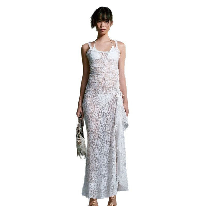 Damer Elegant Spets Maxi Kjole med Sideslag og Rynket Design Skjora