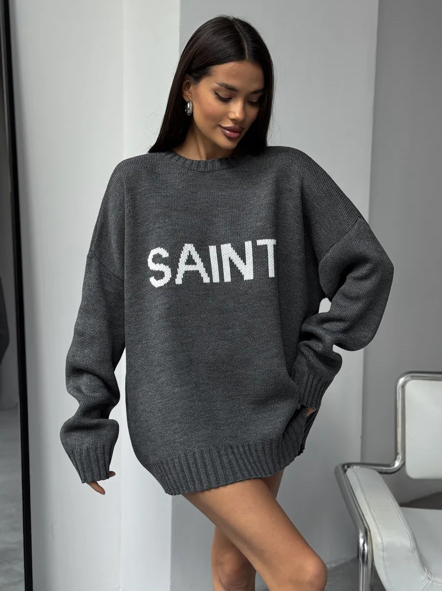 Kvinner Oversized Strikkegenser med Kreativ Skriving Skjora