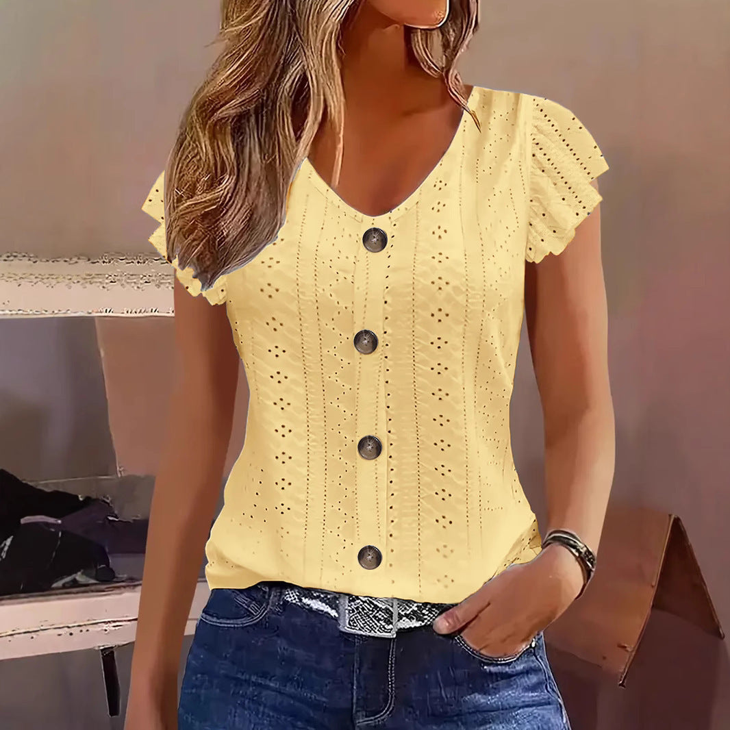 Damer elegant bluse med spidemønster og knappdekorasjon Skjora