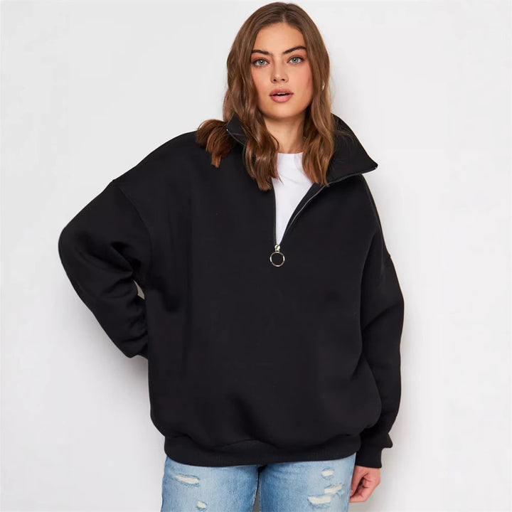 Dame Oversized Hoodie med Høy Krage og Glidelås Skjora