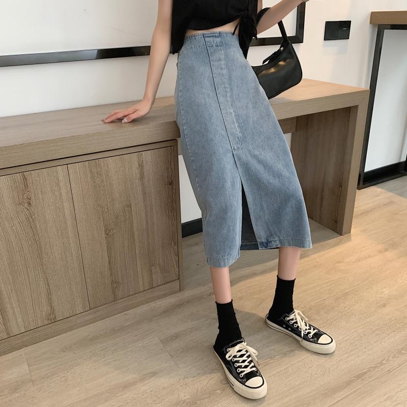 Kvinne jeans midi skjørt med sidesplit Skjora