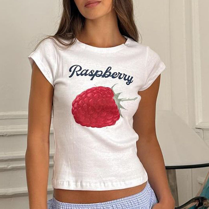 Dame avslappet cropped T-skjorte med fruktmotiv Skjora