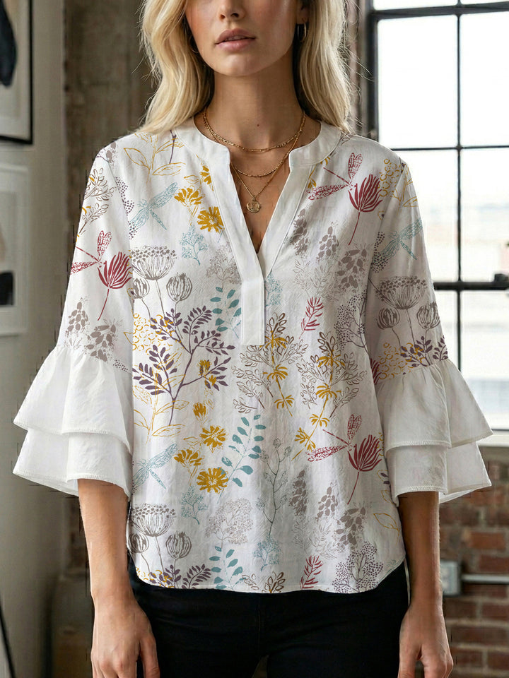 Dame bluse skjorte med voluminøse ermer og blomster mønster Skjora