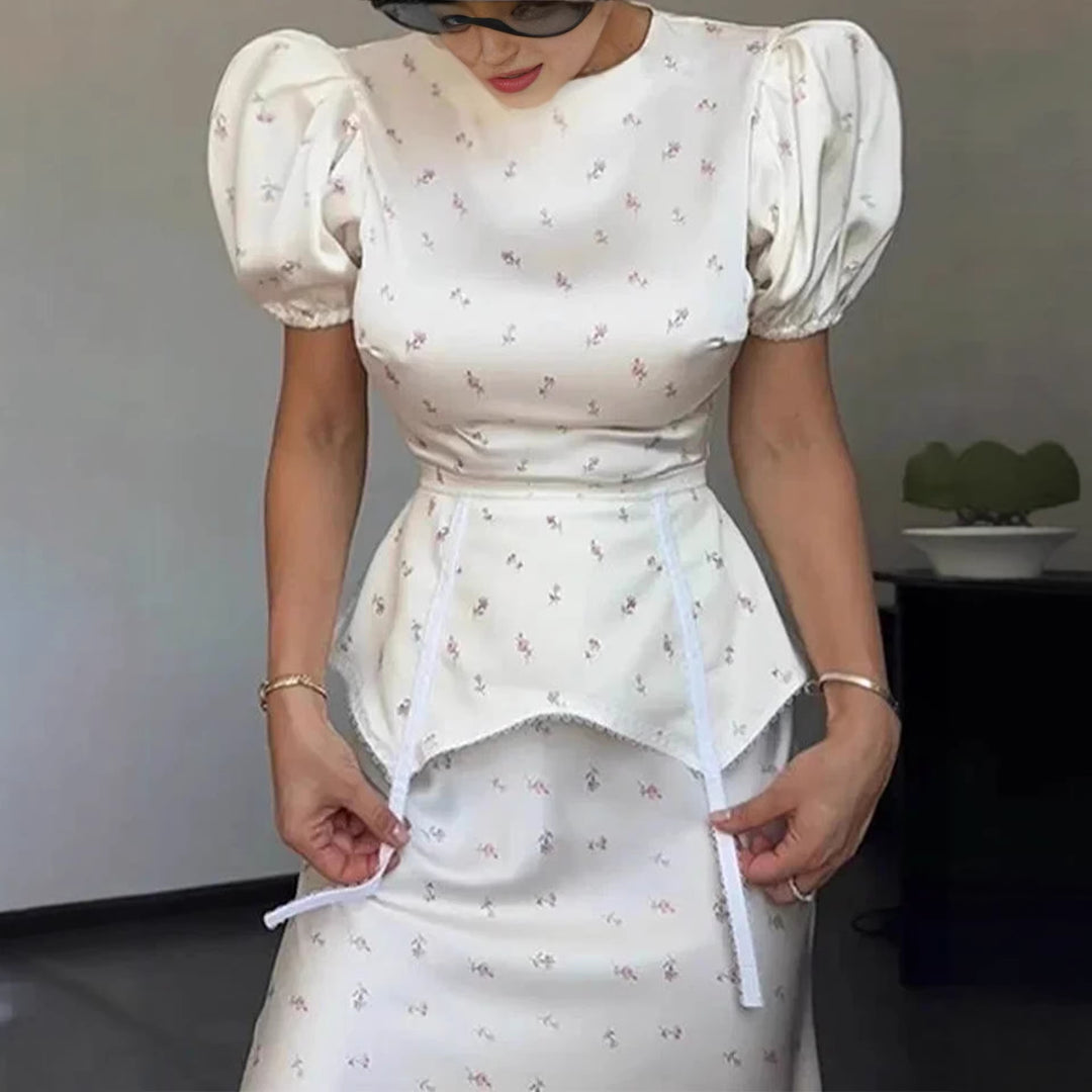 Damer Elegant Topp med Puffermarmer og Lekent Midje Detalj