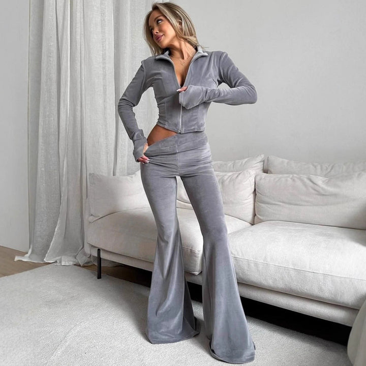 Damer Fleece Tracksuit med Elegant Glidelås og Flared Ben Skjora