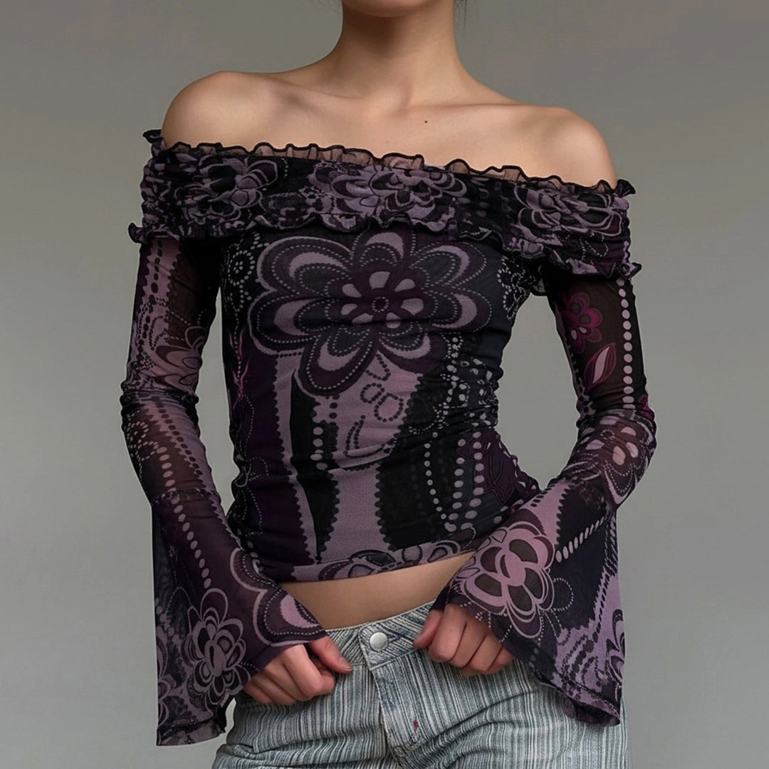 Dame Off-Shoulder topp med voluminøse ermer og blomsterdesign Skjora