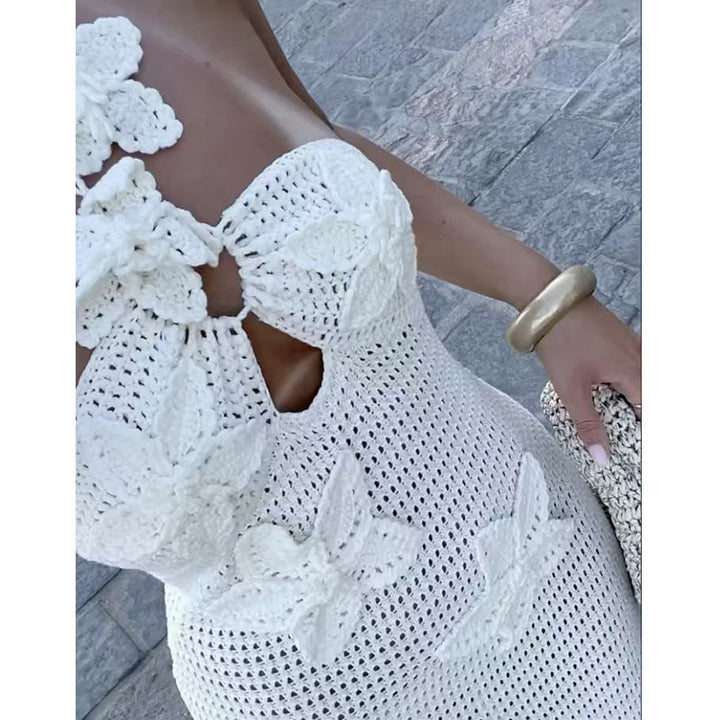 Damen Häkel-Maxikleid mit floralem Ausschnitt Skjora