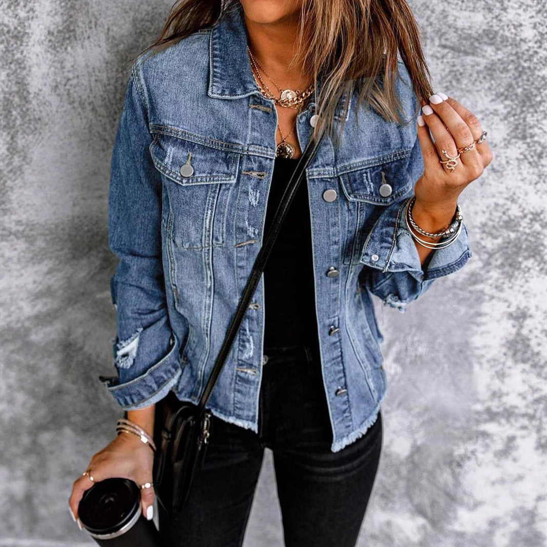 Dames casual denimjakke med slitt detaljer og klassisk snitt Skjora