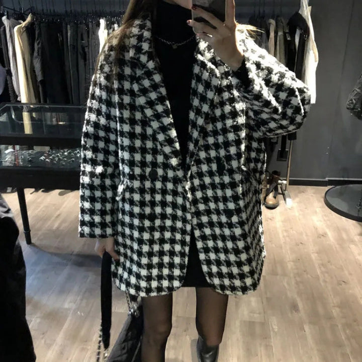 Dame Oversized Rutete Kåpe med Dobbel Knapplukking Skjora