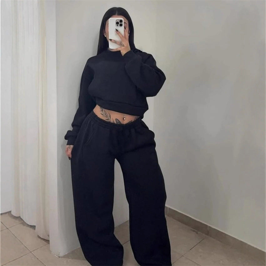 Kvinnens Casual Crop Top og Bred Joggebukse Sett Skjora