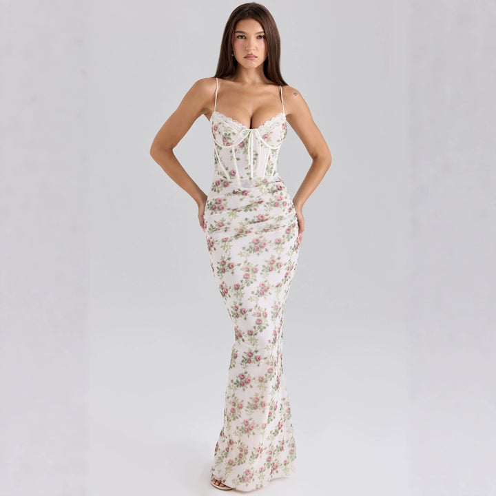 Damer Elegant Maxi Kjole med Blonde Korsett og Blomstertrykk Skjora