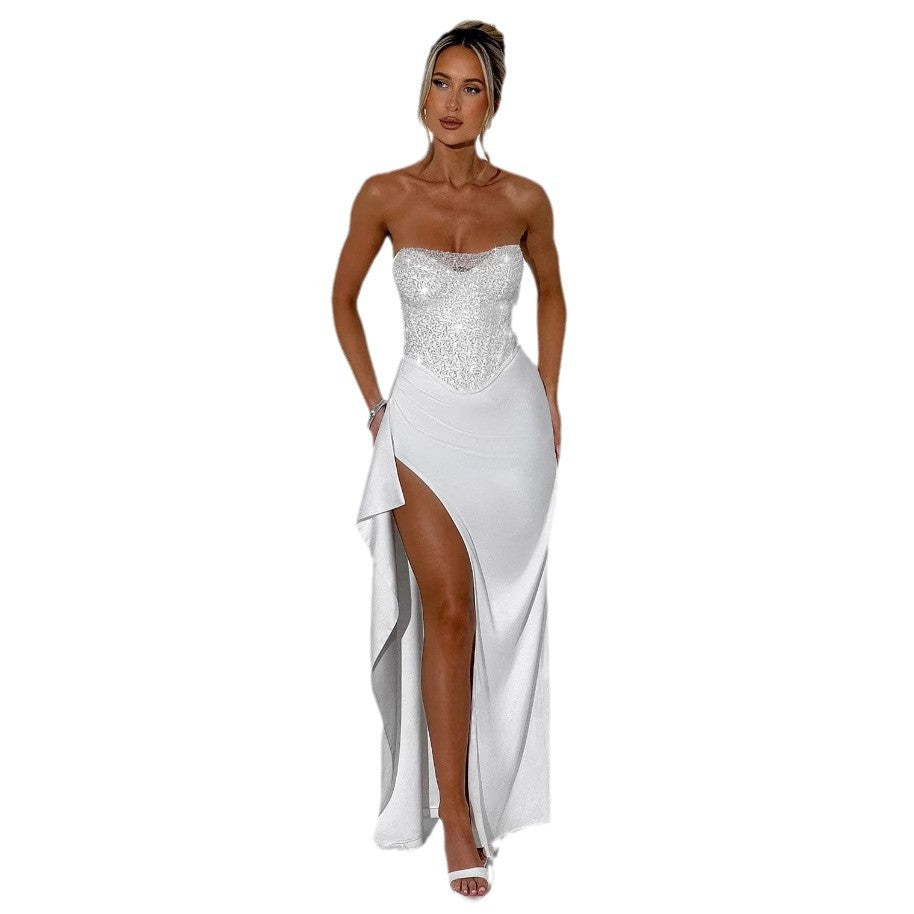Women's High Neck Evening Gown with Sheer Bodice and Side Slits