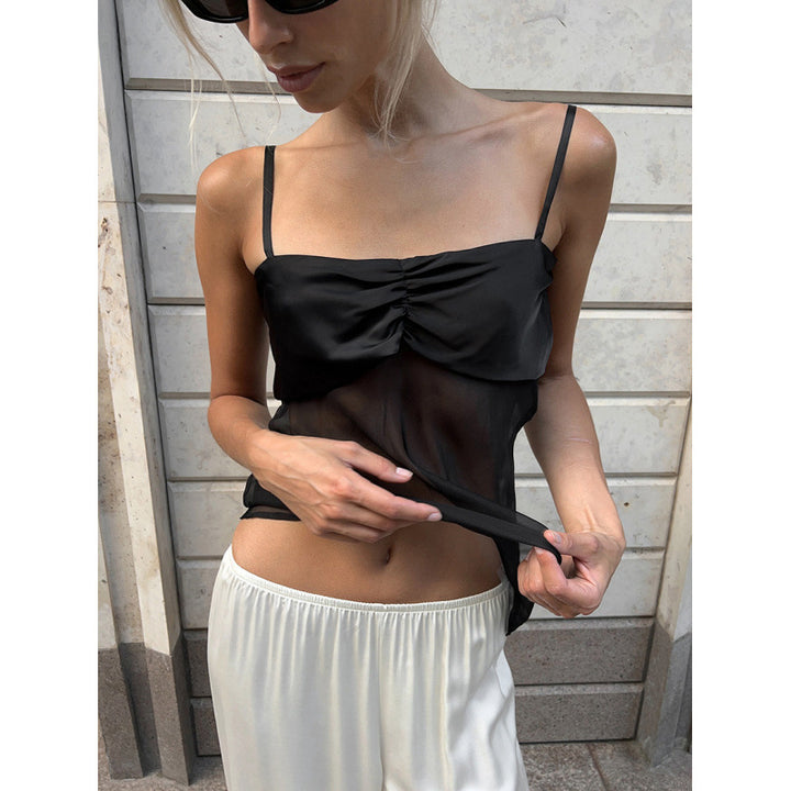 Damer Sexy Top med svarte stropper og elegant plissert design Skjora