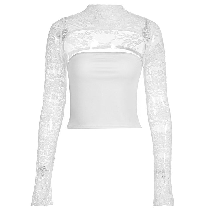 Damer Elegant topp med transparente ermer og høy kvalitetsspiss Skjora