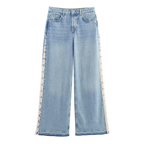 Dame vidde jeans med florale spissapplikasjoner Skjora