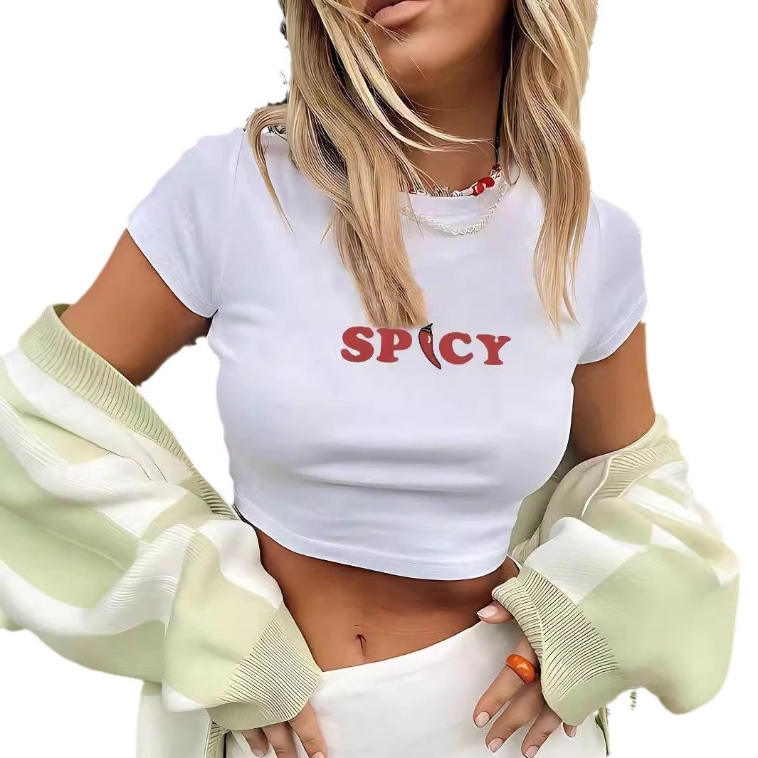 Dame Crop-T-skjorte med kreativ nostalgi-trykk og avslappet snitt Skjora