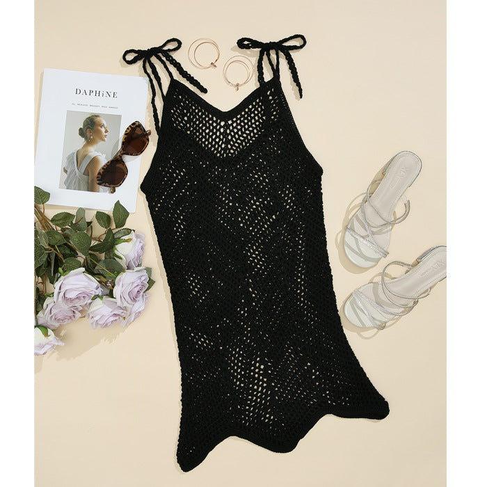 Damen Häkel-Strandkleid mit verstellbaren Trägern und dekorativem Netzdesign Skjora