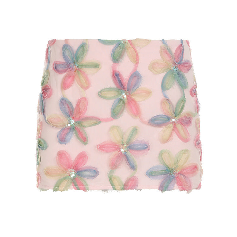 Dame miniskjørt med blomster 3D-design og glitrende aksenter Skjora