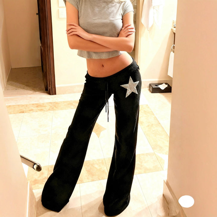 Ladies Loose Fit Velvet Trousers with Sparkling Star Motif Skjora