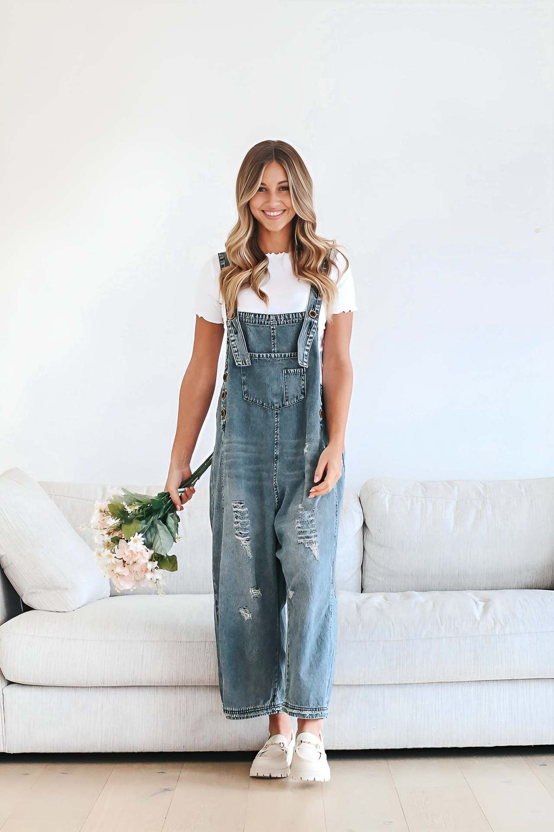 Dame casual denim overalls med trendy destroyed-detaljer Skjora
