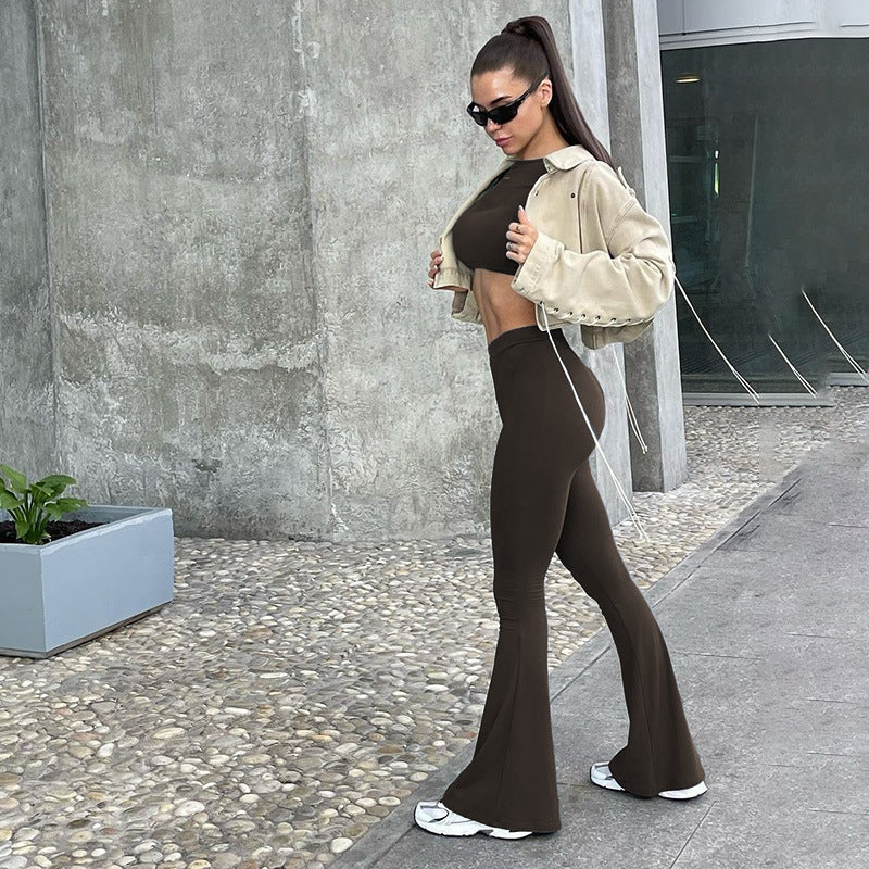 Dame Langerm Cropped Top og Flared Bukser Set Skjora