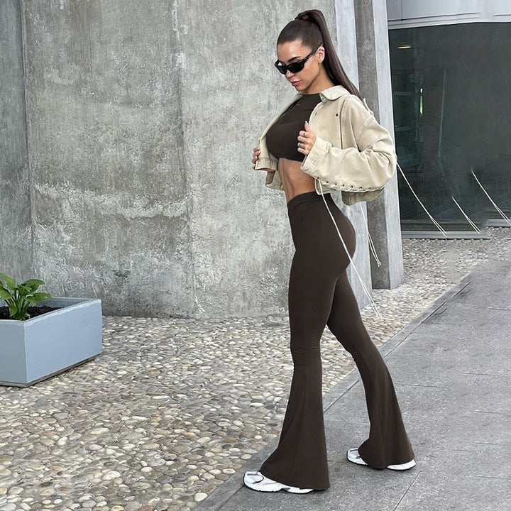Dame Langerm Cropped Top og Flared Bukser Set Skjora