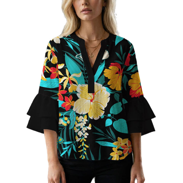 Dame bluse skjorte med voluminøse ermer og blomster mønster Skjora