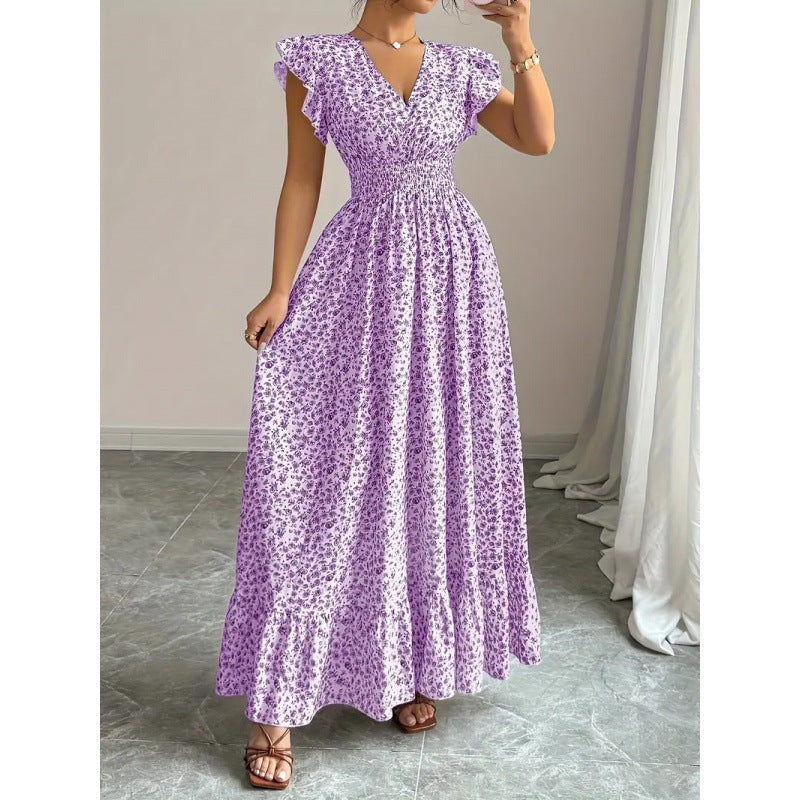 Dame Maxikjole med blomsterfrilldesign og elastisk midje Skjora