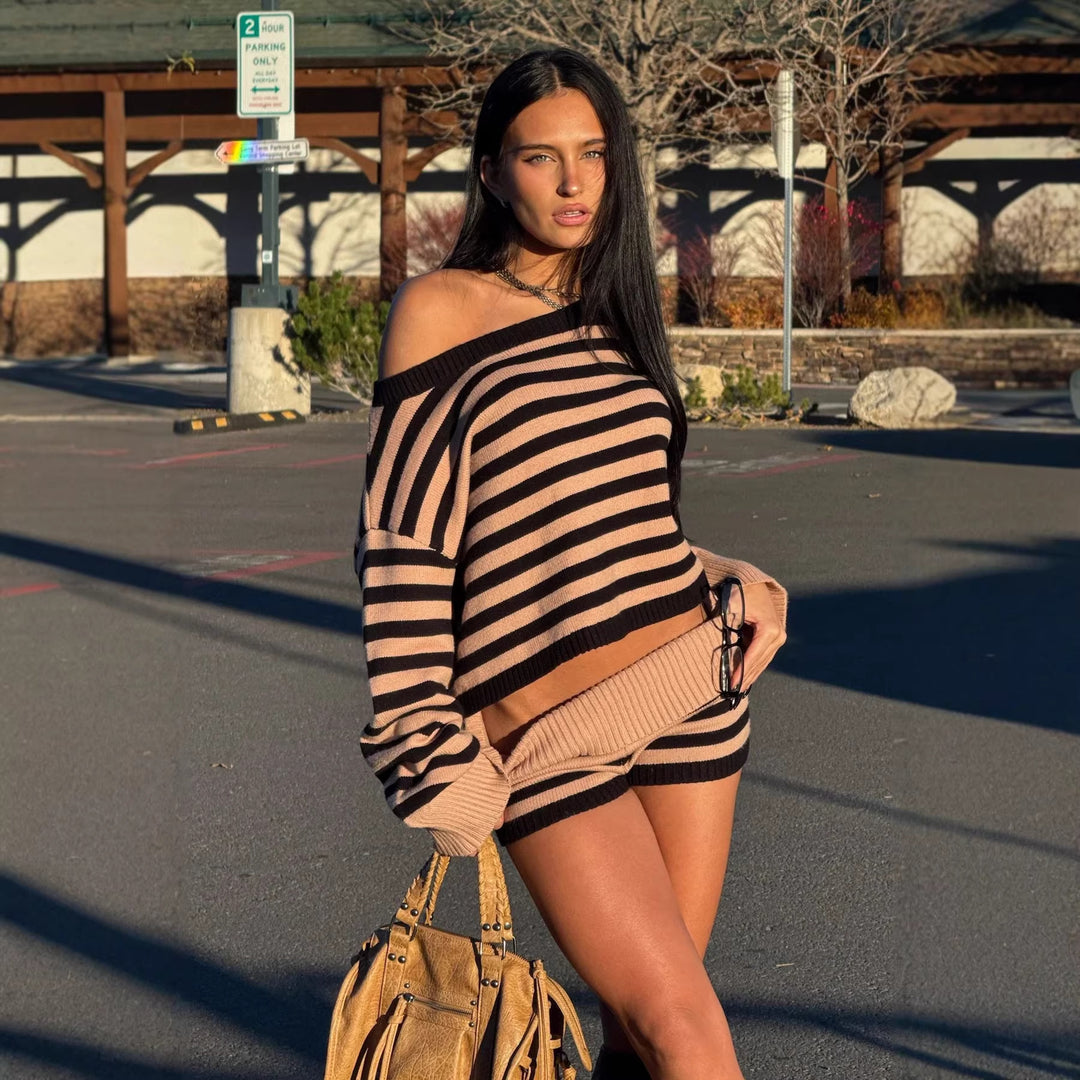 Dame uformell kortermet topp og shorts sett med stripe mønster Skjora