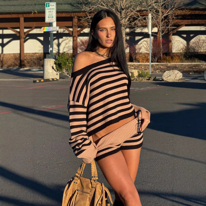 Dame uformell kortermet topp og shorts sett med stripe mønster Skjora