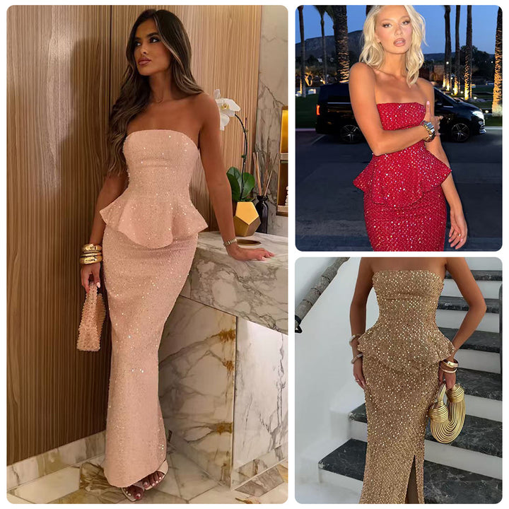 Kvinnens elegante kveldsdresses med peplum-design og glitrende applikasjoner