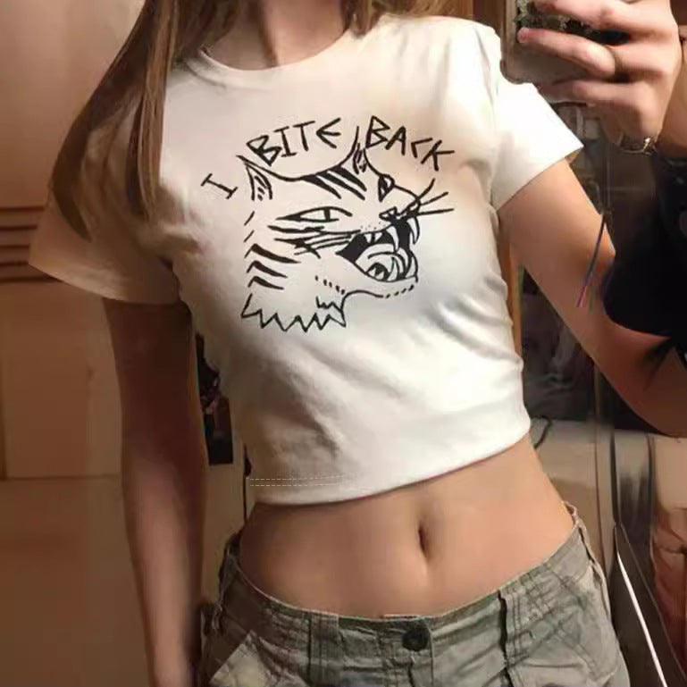 Dame Crop-T-skjorte med kreativt skjelettdesign og inspirerende tekst Skjora