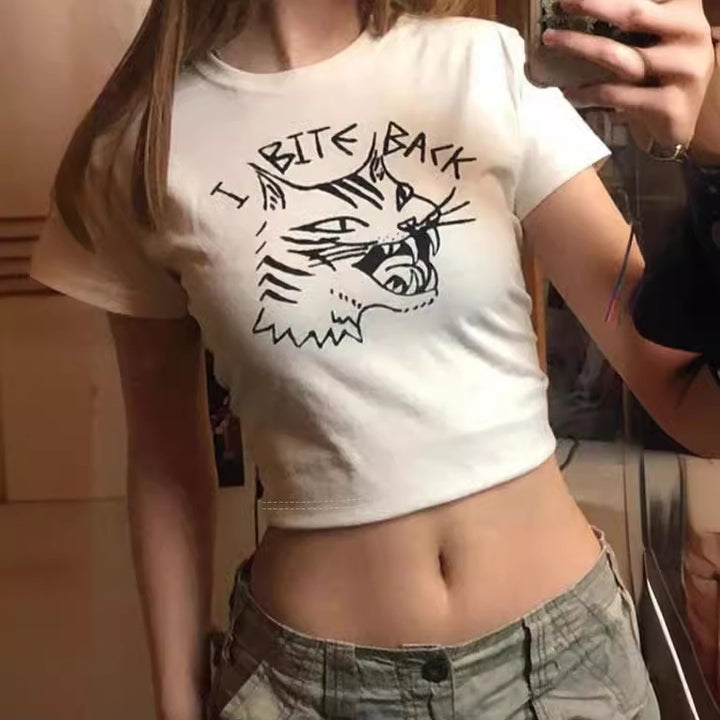 Dame Crop-T-skjorte med kreativt skjelettdesign og inspirerende tekst Skjora