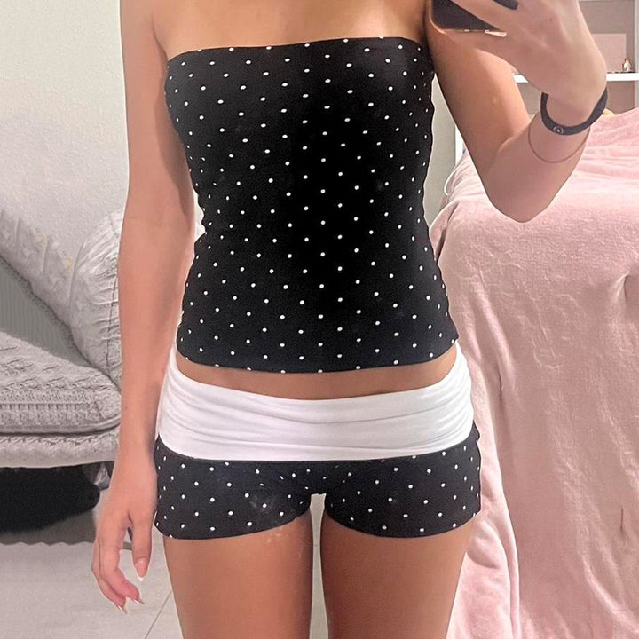 Damer Bandeau-badedrakt med prikkemønster og shorts Skjora