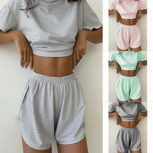 Damer avslappet Crop-Top og Short-set med stripete mønster Skjora