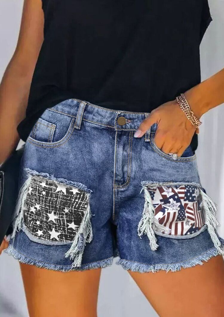 Dame Destroyed Denim Shorts med frynsete lommer og stilige applikasjoner Skjora