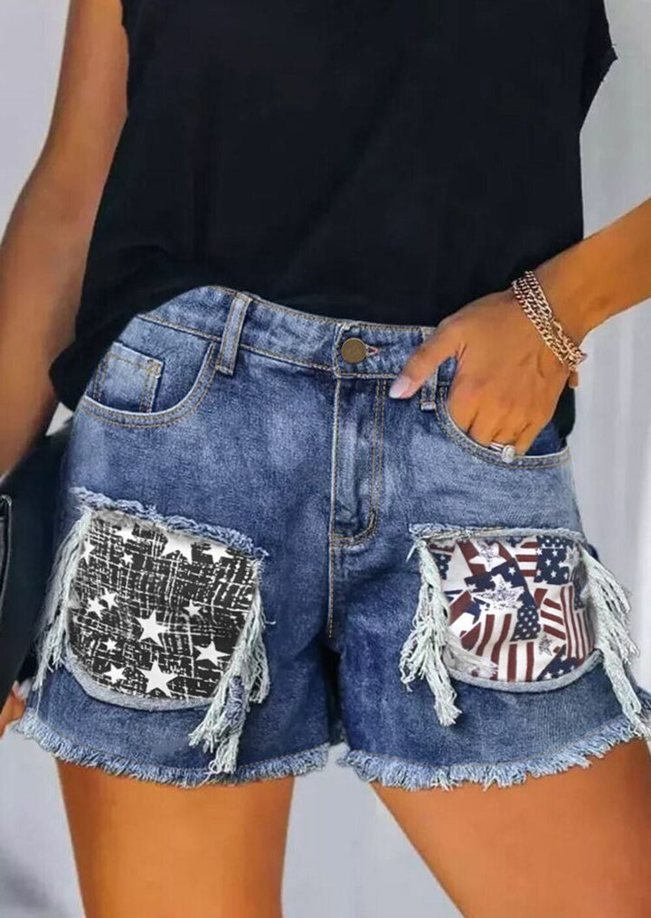 Dame Destroyed Denim Shorts med frynsete lommer og stilige applikasjoner Skjora