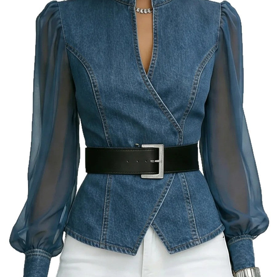 Kvinne jeans bluse med transparente ermer og skreddersydd design Skjora