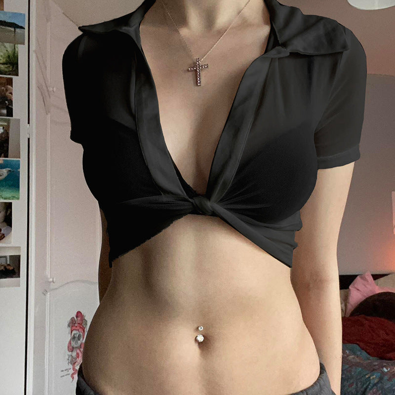 Damer Moderne cropped Bluse med dyp V-hals og leken knute Skjora
