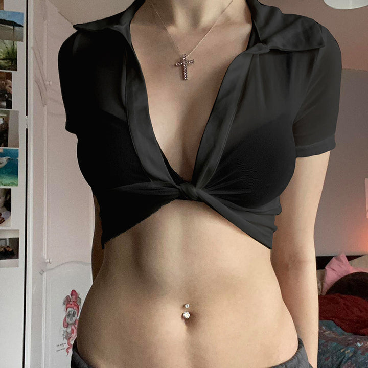 Damer Moderne cropped Bluse med dyp V-hals og leken knute Skjora