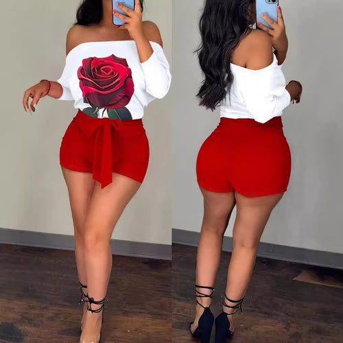 Dame Off-Shoulder Topp med blomster grafikk og stripete shorts Skjora